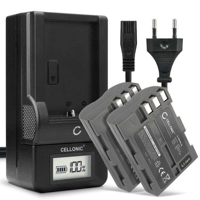 Pack de 2x batteries EN-EL3 EN-EL3e 2000mAh pour appareil photo Nikon D80 D90 D900 D100 D200 D300 D300S D50 D70 D700 D70s - Avec chargeur MH-18a et câble d'alimentation