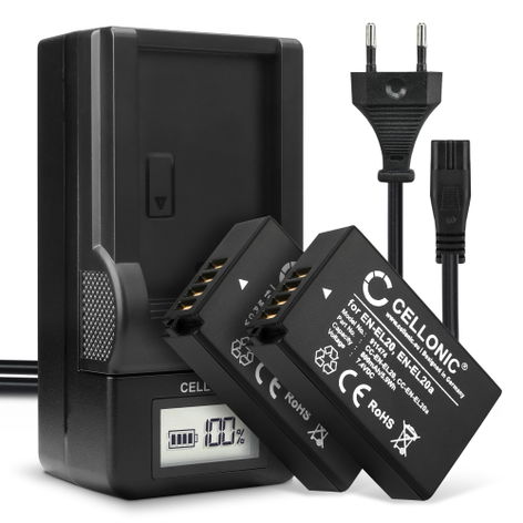 2x Batterie pour Appareils Photo Nikon CoolPix P1000, P950, A; 1 J1, J2, S1, V3 EN-EL20 EN-EL20a (800mAh, 7.4V) + Chargeur de CELLONIC