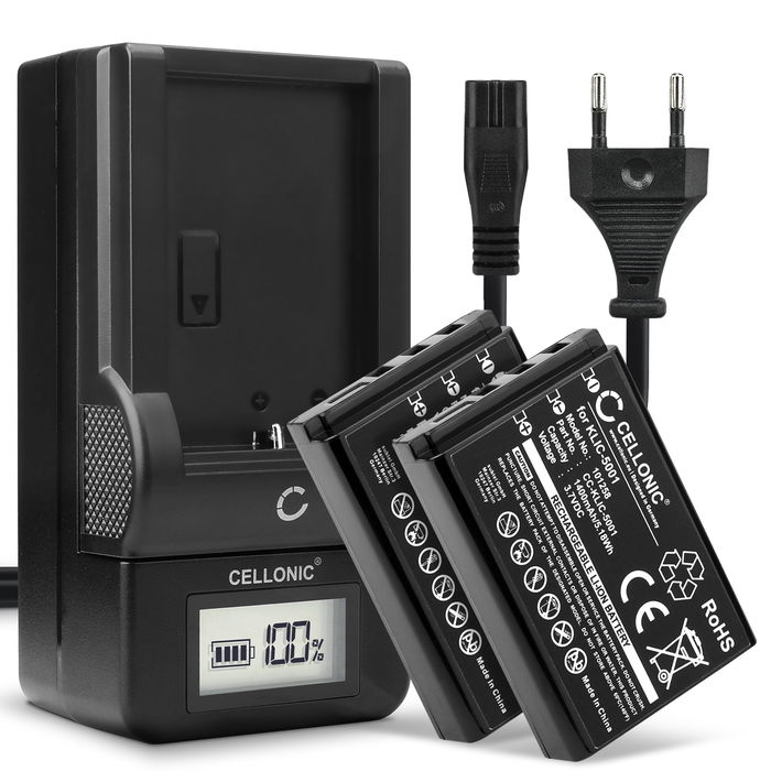 2x Camera Battery + Charger Set for Kodak Easyshare DX7590 1400mAh Replacement KLIC-5001 Batteries
