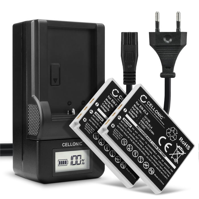 2x Accu voor Nikon Coolpix P1 P2 Coolpix S1 S2 S3 S5 s50 S50c S51 S51c S52 S52c S6 S7 S7c S8 S9 camera - EN-EL8 600mAh + Oplader Vervangende batterij fototoeste, oplader, oplaadkabel