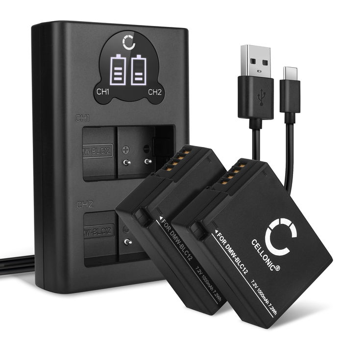2x Panasonic DMW-BLC12E Accu Batterij + Dubbele Oplader 1000mAh van CELLONIC