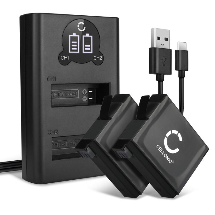 2x Battery for GoPro Hero 4 Silver + Dual Charger – 1160mAh | Replacement Battery | Spare Battery