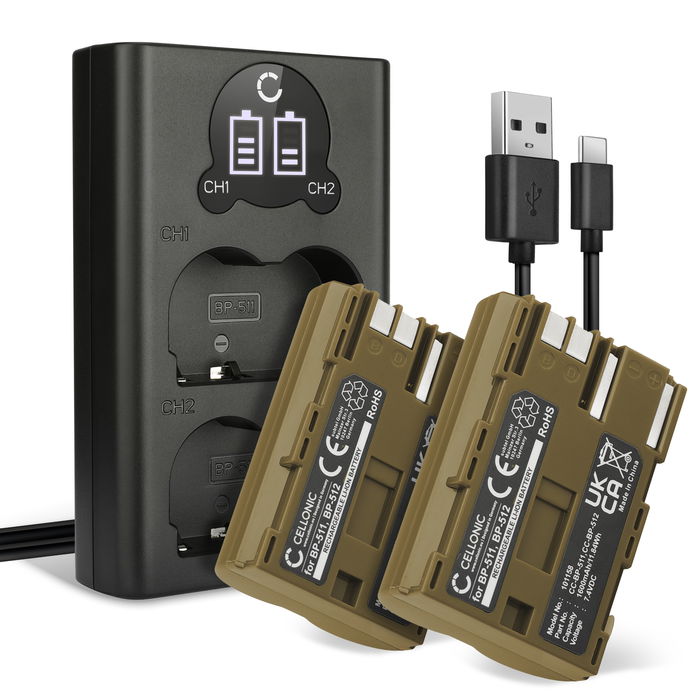 2x Canon EOS 300D Accu Batterij + Dubbele Oplader 1600mAh van CELLONIC