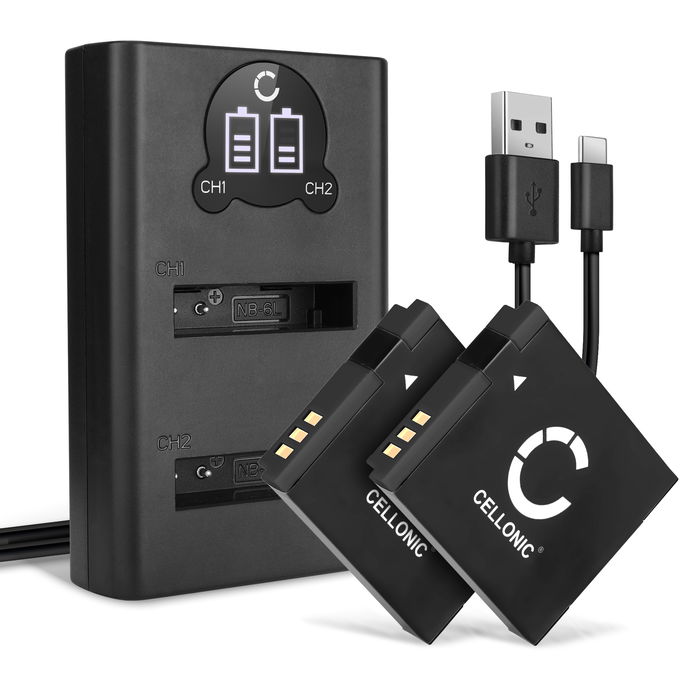 2x Canon Digital IXUS 95 IS Battery + Dual Charger 1000mAh from CELLONIC