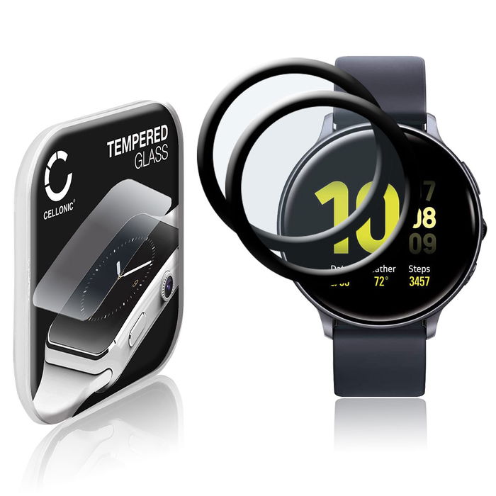 2x CELLONIC Screen Protector for Samsung Galaxy Watch Active 2 (44mm) Fitness Tracker Smart Watch Face Protector - 3D Full Cover 0,33mm Full Glue 9H Tempered Glass Display Cover Black