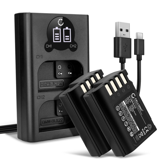 2x Panasonic DMW-BLK22 Accu Batterij + Dubbele Oplader 2250mAh van CELLONIC