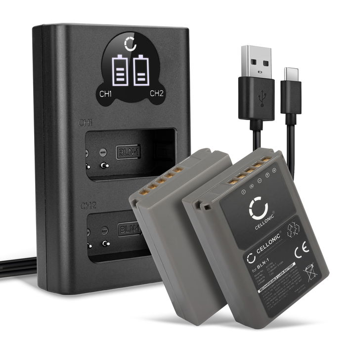 2x Olympus OM-D E-M5 Mark II Accu Batterij + Dubbele Oplader 1140mAh van CELLONIC