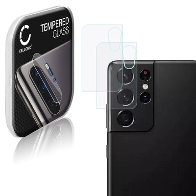 2x CELLONIC Camera Lens Protector for Samsung Galaxy S21 Ultra (SM-G998) Phone / Smartphone - Camera lens protective cover 0,33mm Full Glue Crystal Clear 9H Tempered Glass Anti-Scratch Camera Cover
