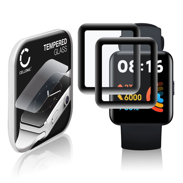 2x CELLONIC Screen Protector for Xiaomi Redmi Watch 2 Lite Fitness Tracker Smart Watch Face Protector - 3D Full Cover 0,33mm Full Glue 9H Tempered Glass Display Cover Black