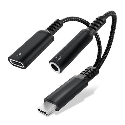 CELLONIC Adapter USB C naar aux jack en USB C splitter voor audio en lader met 60W PD snelladen voor iPhone, Samsung, telefoon, headset, oortjes - zwart
