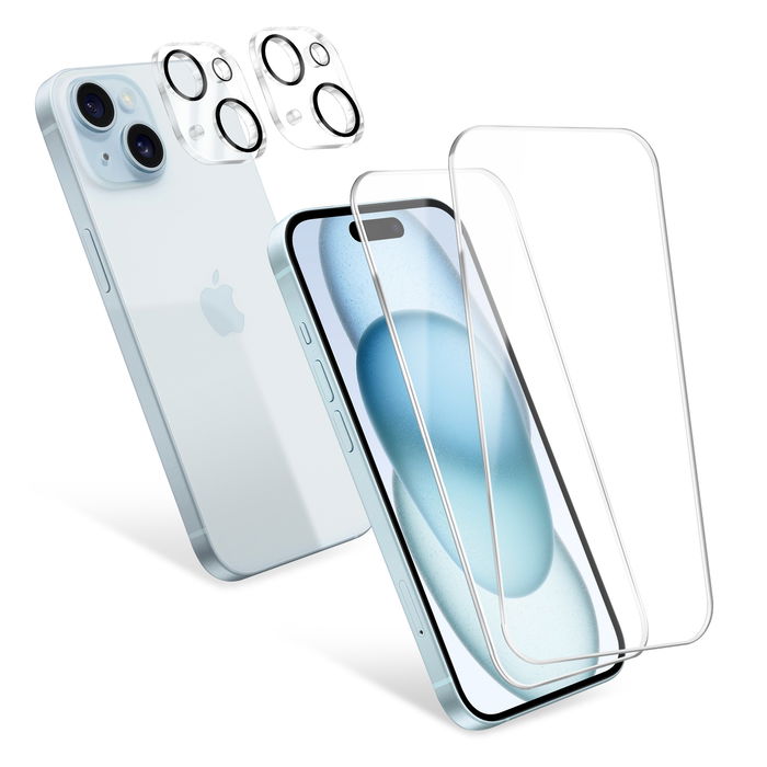 2x CELLONIC iPhone 15 screenprotector + camerabescherming – bescherming van scherm en lens van 6,1 inch met 0,33 mm ultradun 9H gehard beschermglas