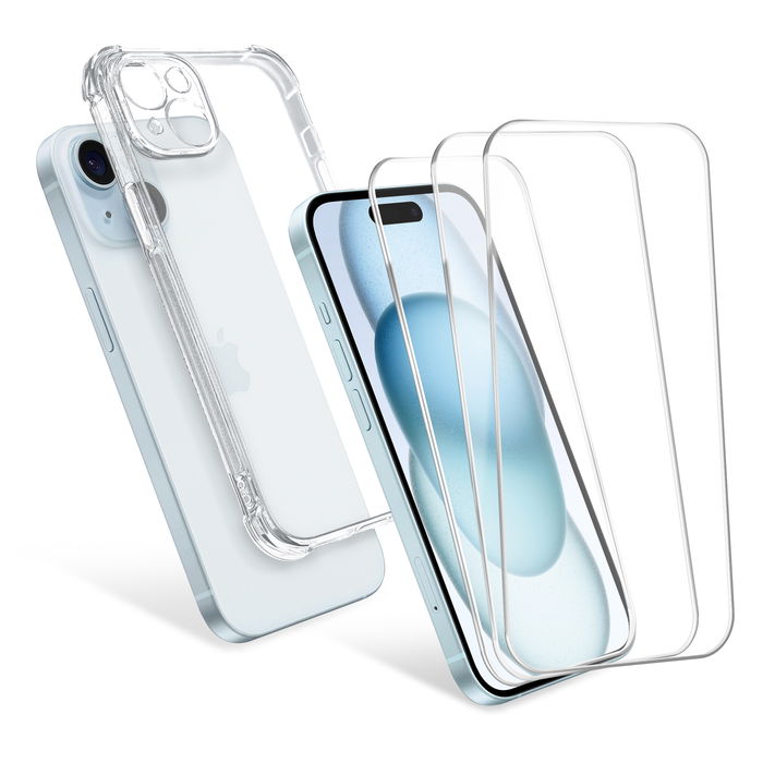 CELLONIC iPhone 15 Plus Hoesje & 3x Schermbeschermer Set - 6.7" Telefoon Rugdekking & Beschermende Display Beschermer 0.33mm Ultra Dun 9H Gehard Glas - Helder