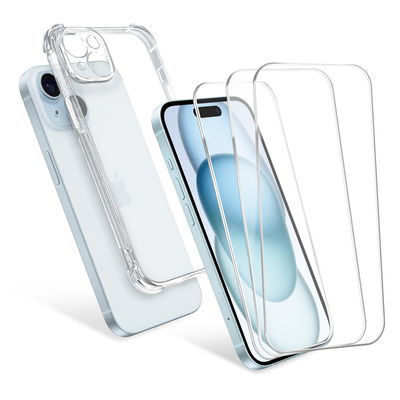 CELLONIC iPhone 15 Plus Hoesje & 3x Schermbeschermer Set - 6.7" Telefoon Rugdekking & Beschermende Display Beschermer 0.33mm Ultra Dun 9H Gehard Glas - Helder
