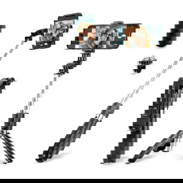 2-in-1 selfie stick en statief - 1m lange uitschuifbare monopod & opvouwbaar selfie-statief met Bluetooth afstandsbediening voor telefoon, camera - compatibel met iPhone, GoPro, Android & meer – Zwart