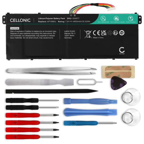 Batterie pour Ordinateurs Portables Acer Aspire 1 A114, 3 A315 Series, 3 A315-51-388S AP16M5J (4800mAh, 7.4V) + kit d'outils de CELLONIC