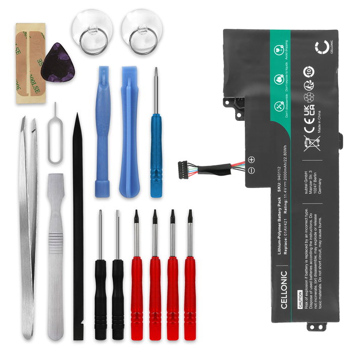 Batterie pour Lenovo ThinkPad T480, T470, T470s, T470p, A485, A258, 25, A475, 01AV421 11.4V 2000mAh + kit d'outils de CELLONIC