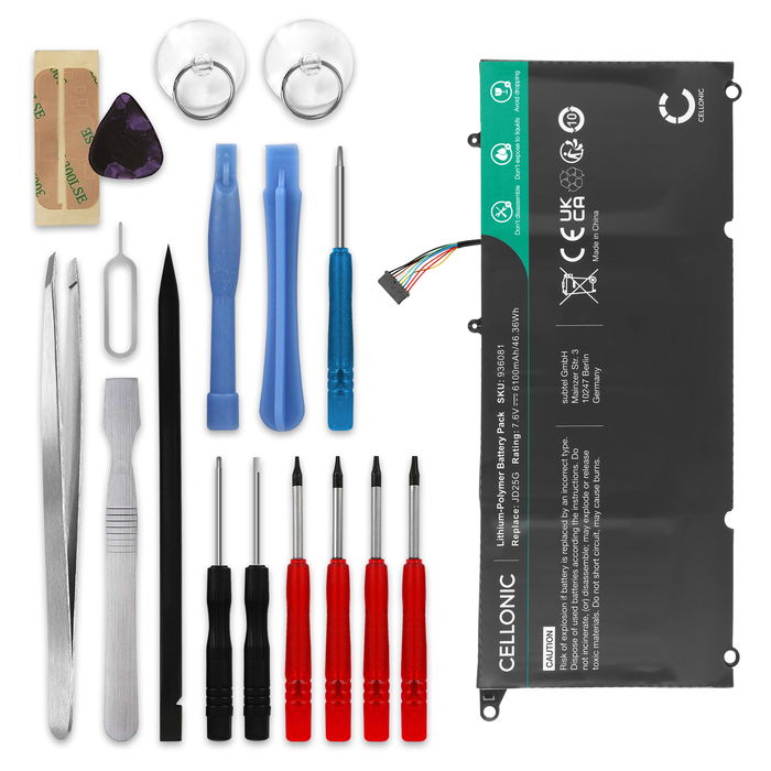 Batterie pour Dell XPS 13 9350, XPS 13 9343, XPS 13D-9343 + Werkzeug-Set 7.6V 6100mAh + kit d'outils de CELLONIC