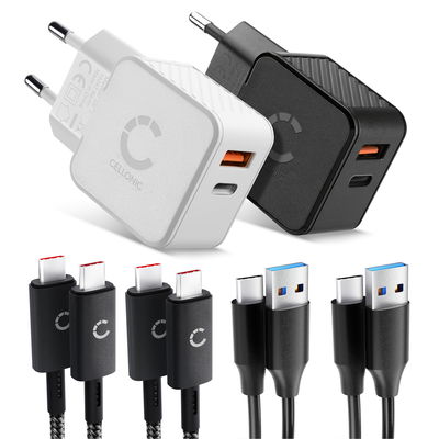 CELLONIC Reisset &ndash; 2x Dubbele Lader USB-C & USB + 4x Oplaadkabel voor Smartphone, Laptop, GPS, Tablet, Speaker, Smartwatch en meer &ndash; 2x 20W PD USB Snellader in Zwart en Wit