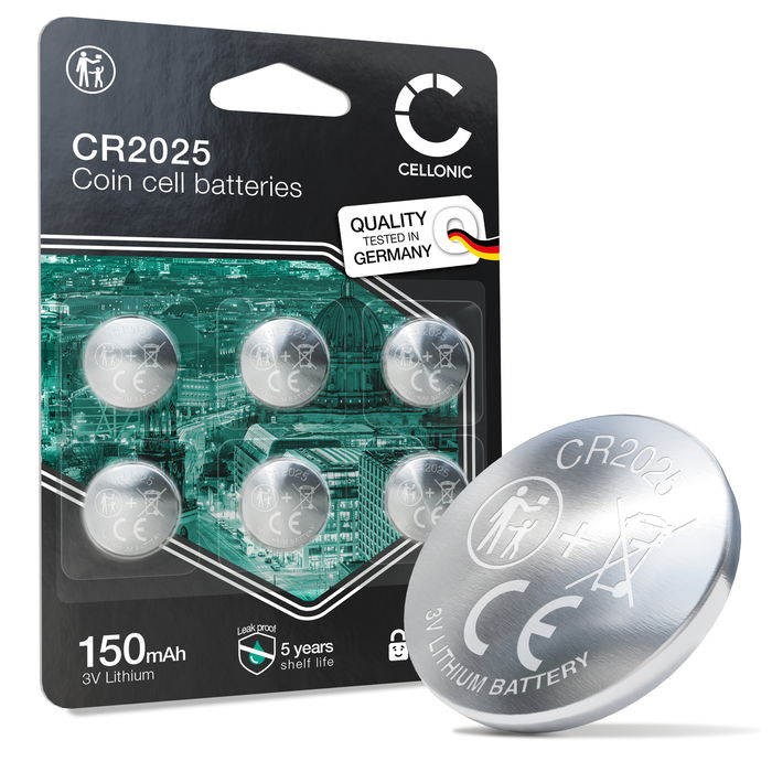 CELLONIC CR2025 Knoopcelbatterijen (Lithium, 150 mAh, 3V) voor Autosleutels, Garagedeuropeners, Medische Apparaten – x6-Pack