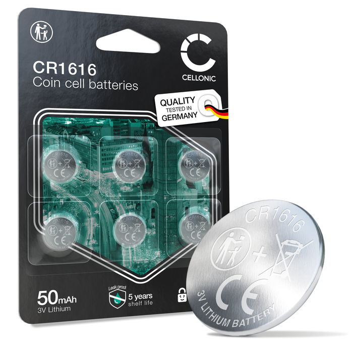 CELLONIC CR1616 Knoopcelbatterijen (Lithium, 50mAh, 3V) voor Autosleutels, Horloges, Sensoren – x6-Pack