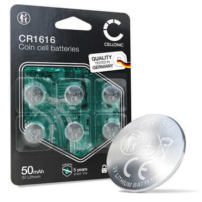 CELLONIC CR1616 Knoopcelbatterijen (Lithium, 50mAh, 3V) voor Autosleutels, Horloges, Sensoren – x6-Pack