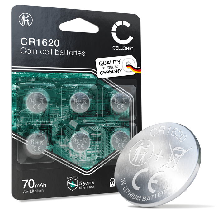 CELLONIC CR1620 Knoopcelbatterijen (Lithium, 70mAh, 3V) voor Autosleutels, Horloges, Glucosemeters – x6-Pack