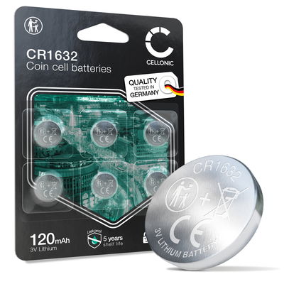 CELLONIC CR1632 Knoopcelbatterijen (Lithium, 120mAh, 3V) voor Autosleutels, LED-Apparaten, Fietscomputers – x6-Pack