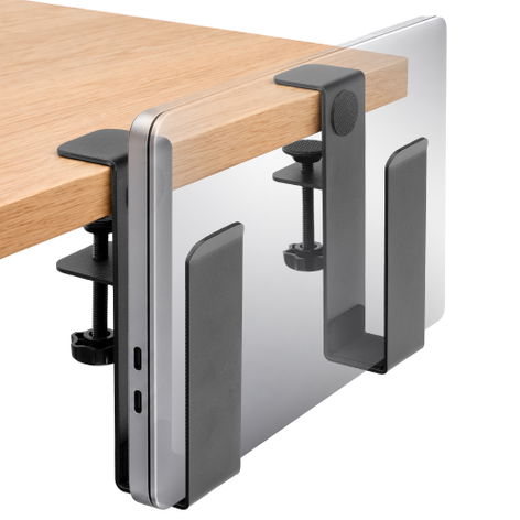 CELLONIC Support PC Portable Vertical, support latéral pour PC portable avec fixation par pince, 2 supports séparés en acier noir, sans perçage, patins de protection, pour portables et tablettes